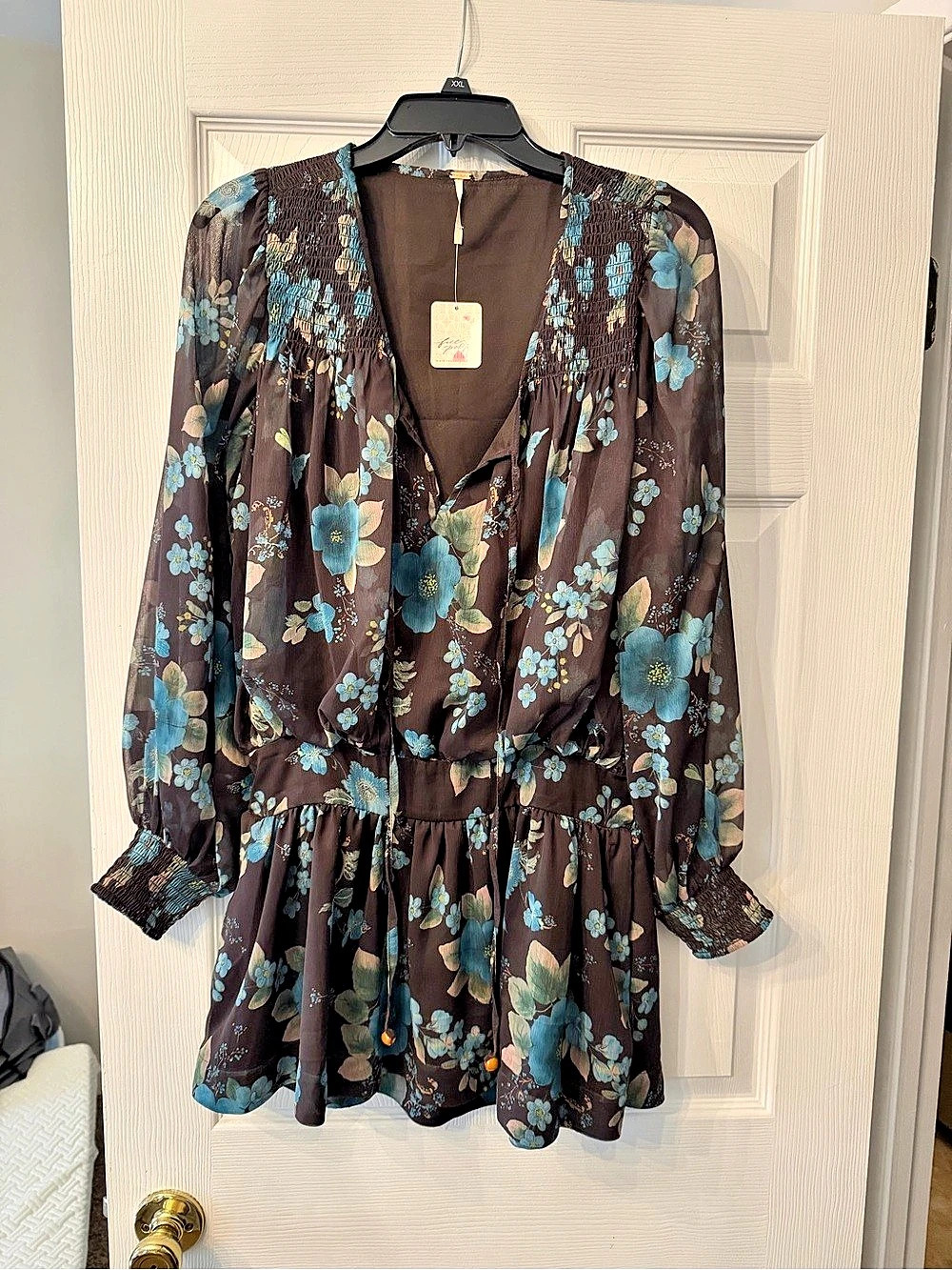 Free People Floral Mini Dress Brown & Blue Size Small NWT with pockets